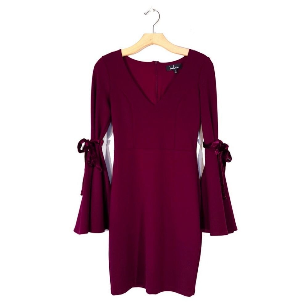 NEW Lulus Once in a While Burgundy Bell Sleeve Bodycon Dress Velvet Ties Small